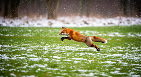 Red Fox Leaping Over Green Forest Meadow with First Snowfall Wildlife Sceneの写真素材