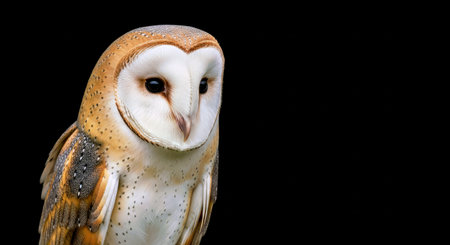 Common Barn Owl Portrait On Black Background Majestic Nocturnal Birdの写真素材