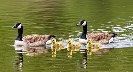 Peaceful Country Goose Family Swimming In The River Serene Rural Wildlifeの写真素材