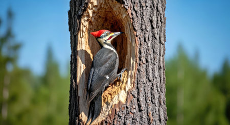 Female Pileated Woodpecker Dryocopus Pileatus Bird Nesting Tree Trunk Wildlifeの写真素材