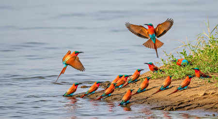 Vibrant Southern Carmine Bee Eater Colony Zambezi River African Birds Wildlifeの写真素材