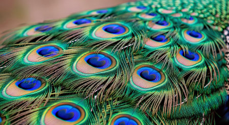 Closeup Blue Green Feathers Peafowl Bird Vibrant Detailed Plumage Textureの写真素材