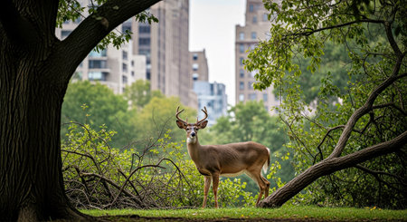 White Tailed Deer In City Park Urban Wildlife Landscape Nature Coexistenceの写真素材