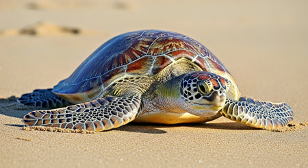 Focused Turtle On Beach Wildlife Photography Coastal Marine Animalの写真素材