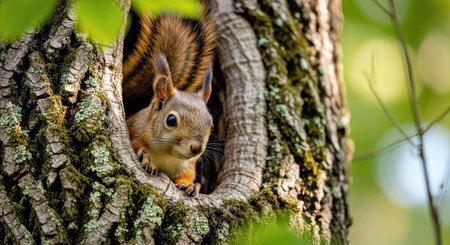 Adorable Squirrel Peering From Hollow Tree Trunk Curious Woodland Creatureの写真素材