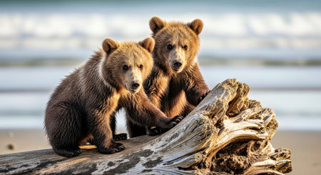 Adorable Brown Bear Cubs Playing on Driftwood Alaskan Wildlife Sceneの写真素材