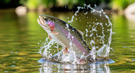 Vibrant Rainbow Trout Leaping Out Water Dynamic Wildlife Action Shotの写真素材