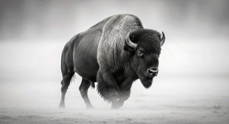 Majestic Bison Walking Through Mist Greyscale Wildlife Photography Atmospheric Forest Sceneの写真素材