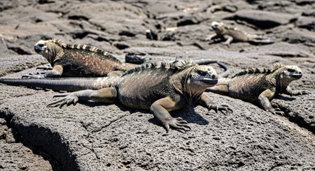 Galapagos Marine Iguanas Warming Sun Volcanic Rocks Puerto Egas Wildlifeの写真素材