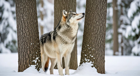 Grey Wolf Canis Lupus Between Trees Looking Up Right Winter Wilderness