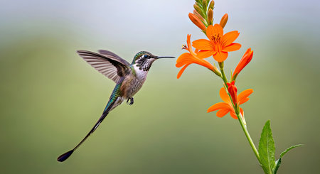 Hummingbird Long Tailed Sylph Aglaiocercus Kingi Orange Flower In Flightの写真素材