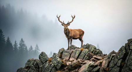 Majestic Deer Atop Mountain Peak Misty Forest Background Wilderness Sceneの写真素材