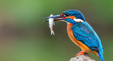 Vibrant Kingfisher Bird with Small Fish in Beak Wildlife Catch Momentの写真素材