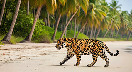 Majestic Jaguar Walking Sand Beautiful Nature Backdrop Wild Predatorの写真素材