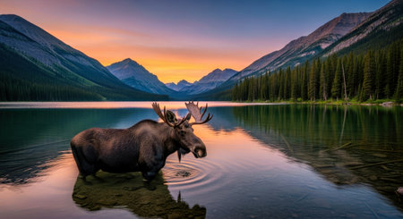 Majestic Moose Standing Montana Mountain Lake Dusk Wilderness Sceneの写真素材