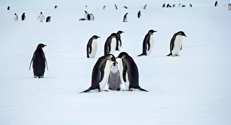 Charming Penguins on Snow Antarctic Wildlife Cold Environment Sceneの写真素材