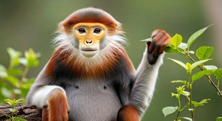 Red Shanked Douc Langurs Detail Portrait Cute Rare Endemic Monkey Natureの写真素材