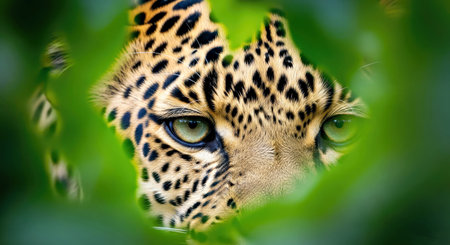 Leopard Eye Panthera Pardus Intense Gaze Through Greenery Natural Frame