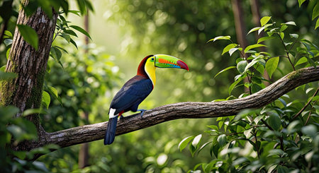 Toucan Sitting Branch Forest Green Vegetation Tropical Bird Wildlife