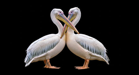 Tender Great White Pelicans Kissing Isolated Black Background Emotional Wildlifeの写真素材