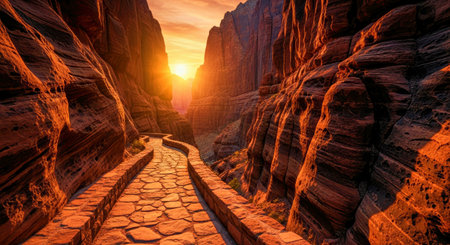 Sunlit Stone Path Through Narrow Canyon Sunset Serene Natural Landscapeの写真素材