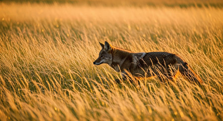 Wild Coyote Stalking Prey Tall Prairie Grass Golden Sunset Wildlife Hunt