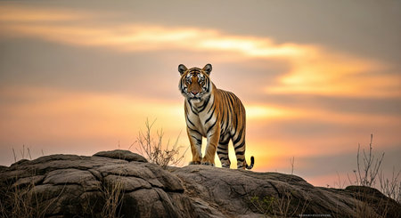Solitary Adult Bengal Tiger Looking At Camera Rocky Hill Sunset Sky Background