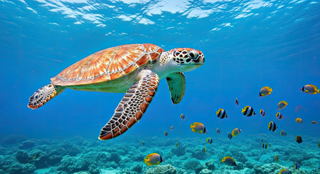 Vibrant Colored Turtle Swimming Ocean Surrounded By Colorful Fish Marine Ecosystem