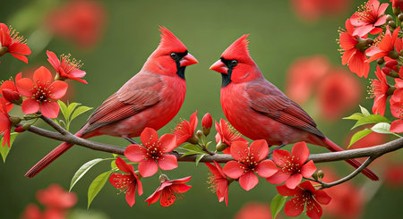 Beautiful Two Red Birds Sitting On A Red Flower Branch Vibrant Wildlife Sceneの写真素材