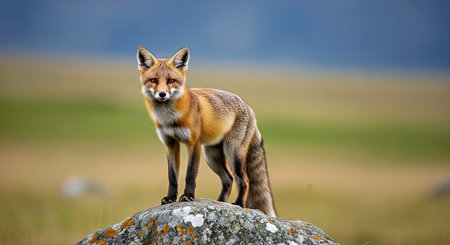 Rare Cross Fox Standing Rock Meadow Wildlife Animal Nature Outdoor Scene