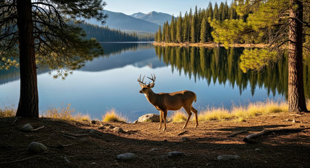 Peaceful Deer Grazing at Bridge Lake Serene Natural Landscape Wildlife Sceneの写真素材