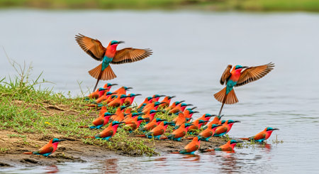 Colorful Southern Carmine Bee Eater Merops Nubicoides Colony African Birds Zambezi River