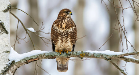 Common Buzzard Buteo Buteo Bird Snowy Branch Winter Forest Wildlife Scene