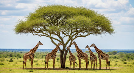 Magnificent Giraffes Gathering Amongst Trees National Park African Wildlife Herdの写真素材
