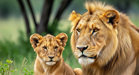 Lion Adult and Cub Close Up Portrait View Wildlife Background Animal Familyの写真素材