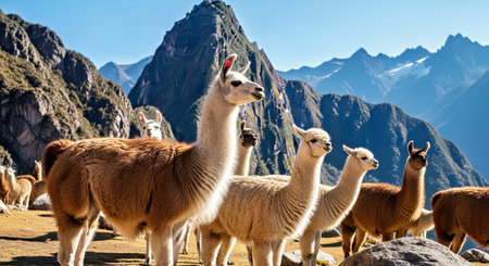 Llamas Alpacas in Andes Mountains South America Wildlife Livestockの写真素材