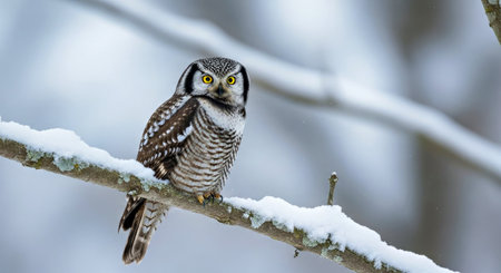 Majestic Hawk Owl Surnia Ulula Winter Time Forest Wildlife Bird Snowy Sceneの写真素材