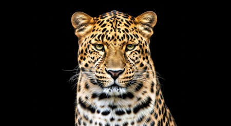 Majestic Amur Leopard Portrait Isolated Black Background Wildlife Conservation Art