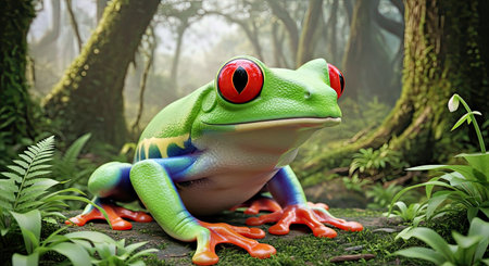 Red Eyed Tree Frog Portrait Black Background Vibrant Amphibian Tropicalの写真素材