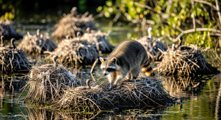 Raccoon at Bird Rookery Swamp Wildlife Mammal North American Natureの写真素材