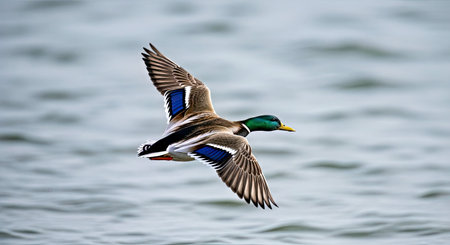 Male Mallard Duck in Flight Vibrant Avian Wildlife Waterfowl Action
