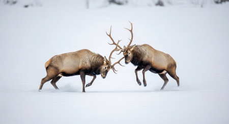 Moose Battling in Snow Wildlife Action Powerful Animal Winter Fightの写真素材