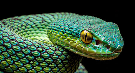 Vibrant Green Blue Snake Striking Yellow Eyes Intricate Scales Dark Background
