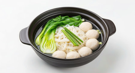 Authentic Asian Fish Balls Broth Rice Noodles Fresh Greens Savory Culinary Dish