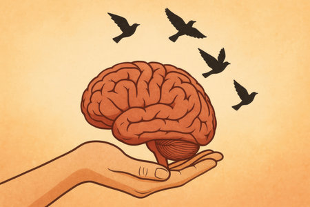 Hand Holding Brain with Birds Psychological Well Being Mental Health Therapy Concept