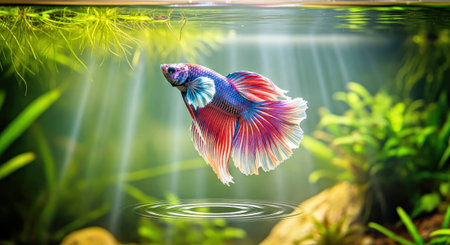 Vibrant Betta Fish Displaying Elegant Fins Near Water Surface Aquarium Pet