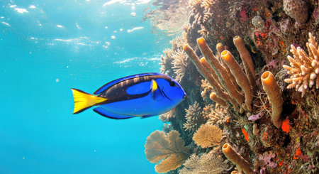 Blue Tang Fish Swimming Along Coral Wall Sunlight Rays Vibrant Reef Scene