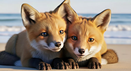 Wild Baby Red Foxes Cuddling Beach Portrait View Adorable Wildlife Nature
