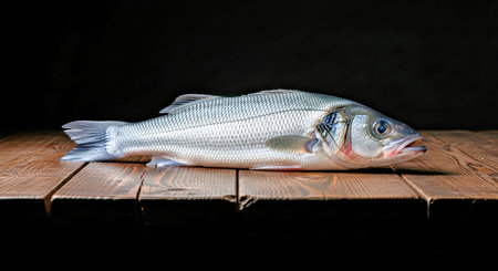 Raw Fresh Seabass Fish on a Rustic Wooden Tray Elegant Black Background Settingの写真素材