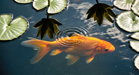 Vibrant Fancy Goldfish Outdoor Koi Pond Lily Shadows Tranquil Aquatic Gardenの写真素材
